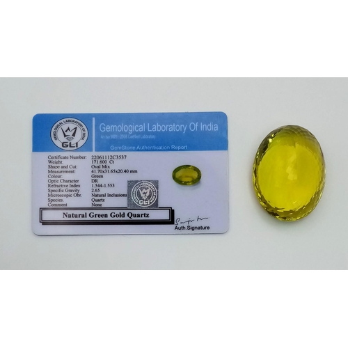 213 - 171.60 Ct Green Gold Quartz, Oval  Shape, GLI Certified