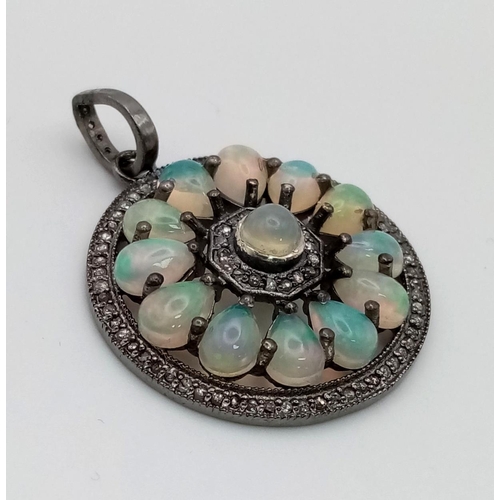 219 - 925 Silver Vintage Opal Circular Pendant With Rose Cut Diamonds, Opal 7.30 Ct, Diamonds 0.95 Ct.