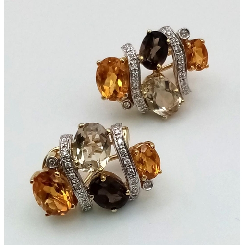 221 - A Pair of 18K Yellow Gold Citrine, Diamond and Smoky Topaz Earrings. 1ct diamonds. 11g total weight.