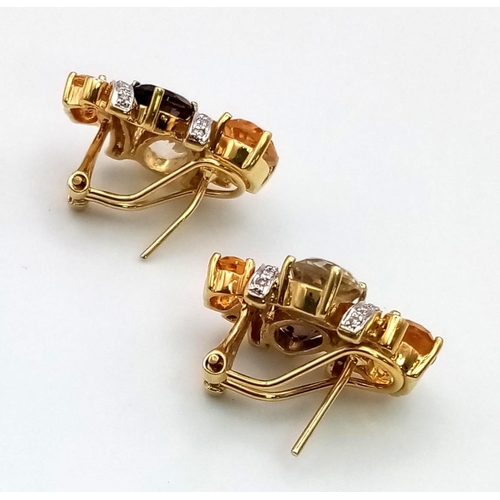 221 - A Pair of 18K Yellow Gold Citrine, Diamond and Smoky Topaz Earrings. 1ct diamonds. 11g total weight.