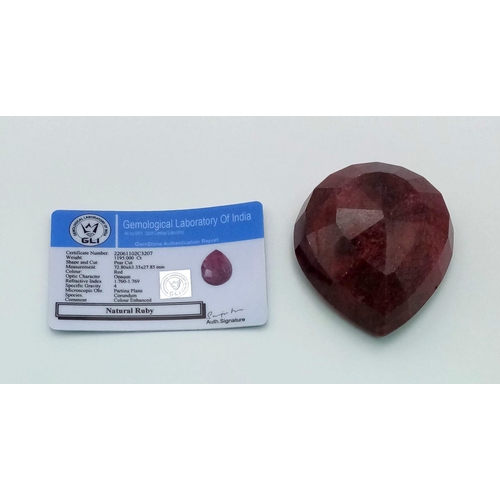 394 - 1195 Ct Ruby, Pear Shape, GLI Certified.