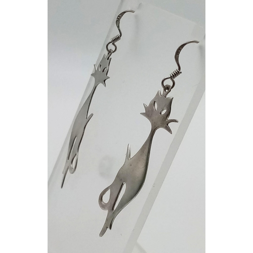 755 - A Pair of 925 Silver Cat Dangler Earrings. 5cm