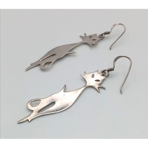 755 - A Pair of 925 Silver Cat Dangler Earrings. 5cm