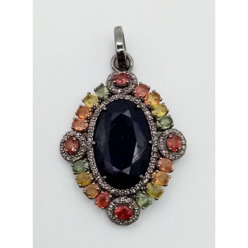 95 - 925 Silver Rare Blue Sapphire Pendant, With Multi Coloured Sapphires And Rose Cut Diamonds, Blue Sap... 