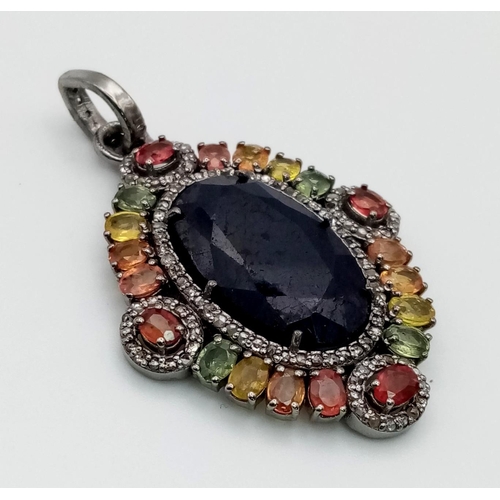 95 - 925 Silver Rare Blue Sapphire Pendant, With Multi Coloured Sapphires And Rose Cut Diamonds, Blue Sap... 