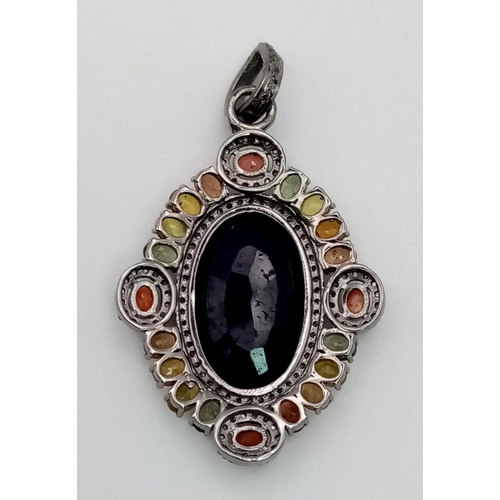 95 - 925 Silver Rare Blue Sapphire Pendant, With Multi Coloured Sapphires And Rose Cut Diamonds, Blue Sap... 