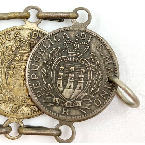 1149 - A Vintage Republic of San Marino Coin Bracelet. 
15 coins. 18cm. 45g.