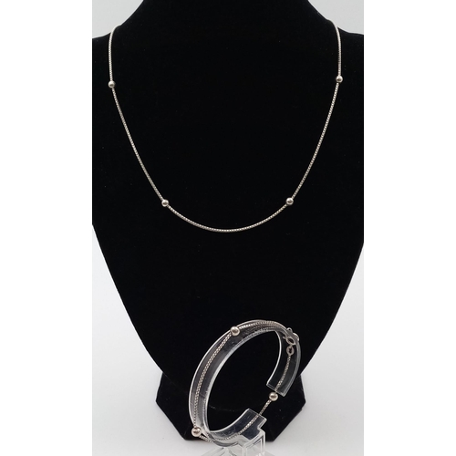 1023 - A 925 Silver Ball Necklace and Bracelet Set. 44 and 18cm.