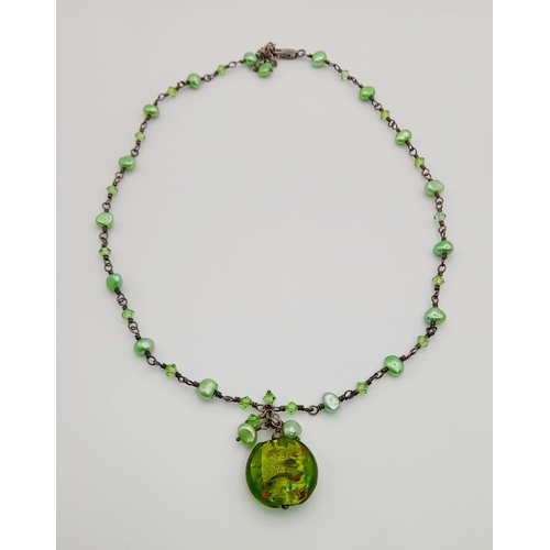 1013 - A Vintage 925 Silver Necklace and Bracelet with Green Beads and Possibly Seed Pearls. 44 and 16cm. 3... 