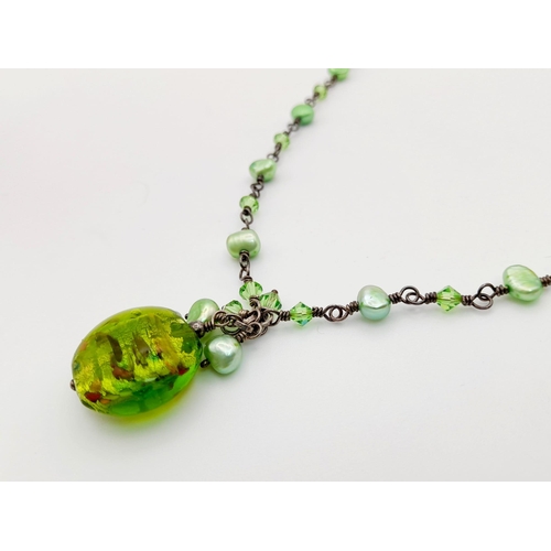 1013 - A Vintage 925 Silver Necklace and Bracelet with Green Beads and Possibly Seed Pearls. 44 and 16cm. 3... 