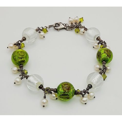 1013 - A Vintage 925 Silver Necklace and Bracelet with Green Beads and Possibly Seed Pearls. 44 and 16cm. 3... 