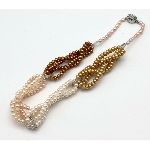 1020 - A Freshwater Pearl Five-Colour Necklace - With an ornate clasp. Rows of four pearls in complementing... 