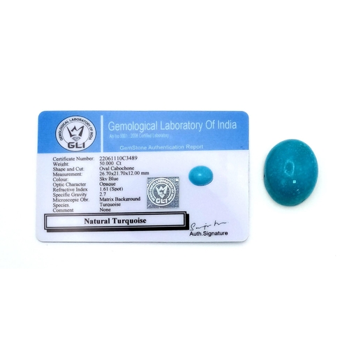 1143 - 50 Ct Cabochon Turquoise, Oval Shape, GLI Certified