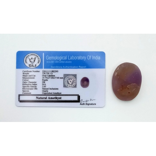 874 - 130.75 Ct Unpolished Amethyst, Oval Shape, GLI Certified