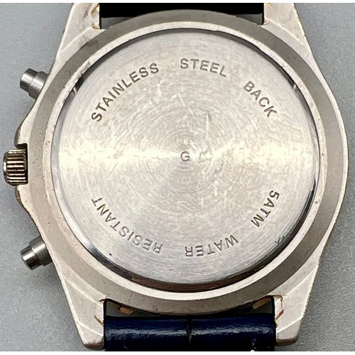 37 - A Sekonda Quartz Gents Chronograph Watch. Blue leather strap. Stainless steel case - 40mm. Blue dial... 