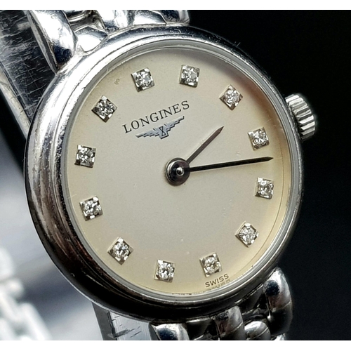 737 - A LONGINES 18K WHITE GOLD LADIES DIAMOND SET DIAL WATCH - 18MM CASE. 31.2G TOTAL WEIGHT. EXCELLENT C... 