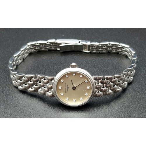 737 - A LONGINES 18K WHITE GOLD LADIES DIAMOND SET DIAL WATCH - 18MM CASE. 31.2G TOTAL WEIGHT. EXCELLENT C... 