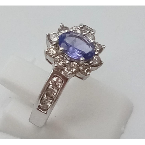 772 - 14K WHITE GOLD DIAMOND & SAPPHIRE CLUSTER RING 0.50CT DIAMONDS & 0.65CT SAPPHIRE SIZE M 1/2 3.6G.