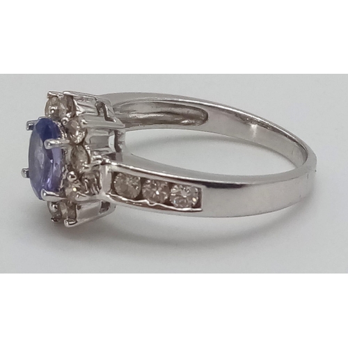 772 - 14K WHITE GOLD DIAMOND & SAPPHIRE CLUSTER RING 0.50CT DIAMONDS & 0.65CT SAPPHIRE SIZE M 1/2 3.6G.