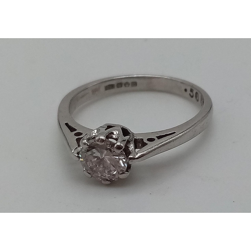 779 - PLATINUM DIMAOND SOLITAIRE RING. 0.50CT. SIZE J. 3.3G.