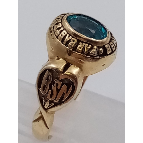 932 - 9K YELLOW GOLD UNIVERSITY RING SIZE L 4.5G