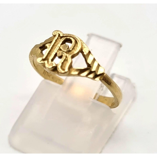 940 - 10K YELLOW GOLD VINTAGE INITIAL R RING, 1.3G SIZE J