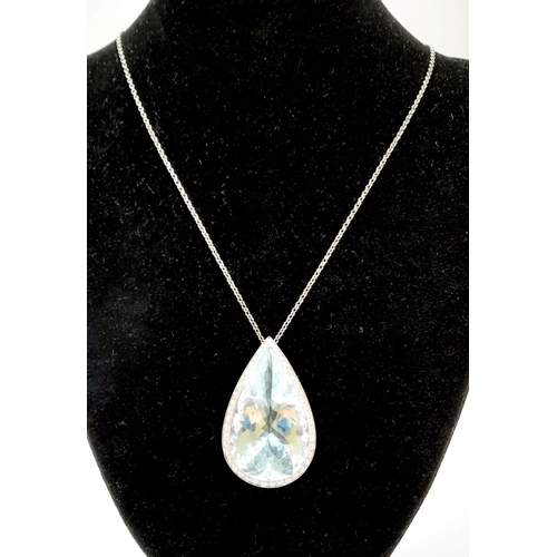 310 - A Large Flawless 62ct Aquamarine Teardrop-Cut Diamond Surround Pendant 18K White gold Pendant. On an... 