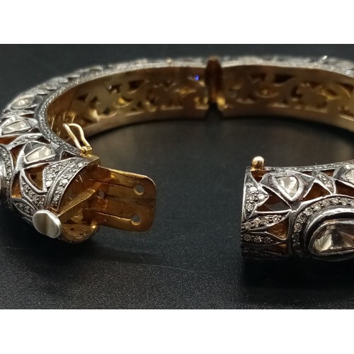 462 - An Antique Cartier Style 18K Gold, Platinum and Rose Cut Diamond Bangle. Ruby eyes on panthers, 6ct ... 