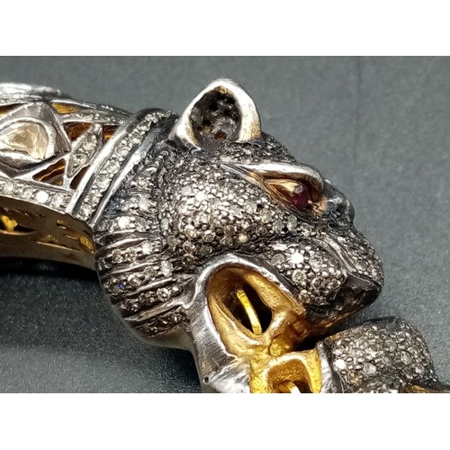 462 - An Antique Cartier Style 18K Gold, Platinum and Rose Cut Diamond Bangle. Ruby eyes on panthers, 6ct ... 