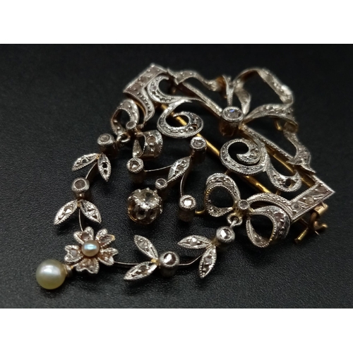 515 - An 18K White and Yellow Gold Diamond and Seed Pearl Antique Brooch. Intricate floral decoration. 4 x... 