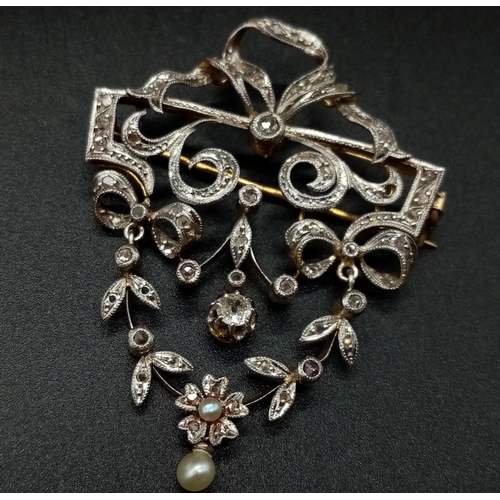 515 - An 18K White and Yellow Gold Diamond and Seed Pearl Antique Brooch. Intricate floral decoration. 4 x... 