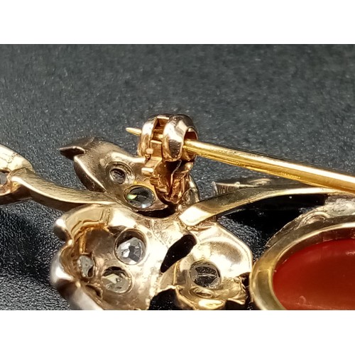 527 - An Antique Victorian 15K Yellow Gold Rose Cut Diamond Carnelian Brooch. Large central cut carnelian ... 