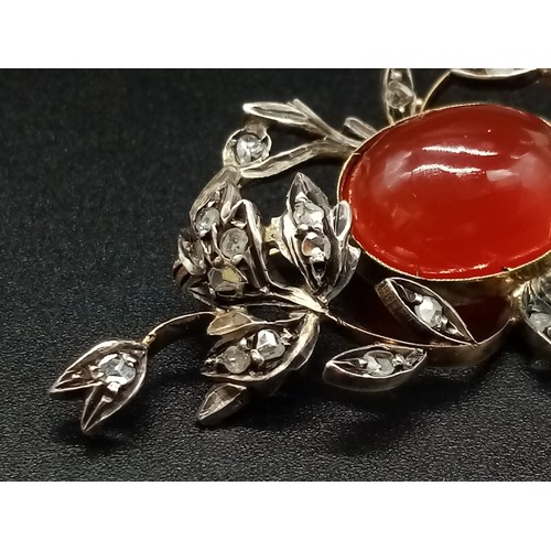 527 - An Antique Victorian 15K Yellow Gold Rose Cut Diamond Carnelian Brooch. Large central cut carnelian ... 