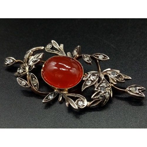 527 - An Antique Victorian 15K Yellow Gold Rose Cut Diamond Carnelian Brooch. Large central cut carnelian ... 