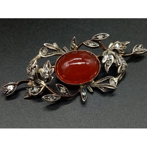 527 - An Antique Victorian 15K Yellow Gold Rose Cut Diamond Carnelian Brooch. Large central cut carnelian ... 