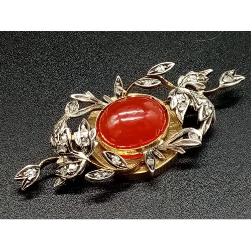 527 - An Antique Victorian 15K Yellow Gold Rose Cut Diamond Carnelian Brooch. Large central cut carnelian ... 