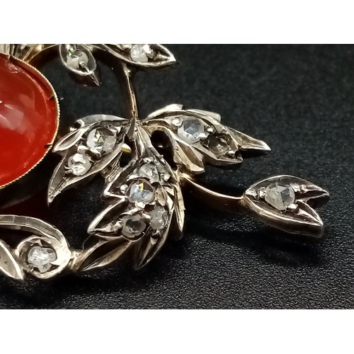 527 - An Antique Victorian 15K Yellow Gold Rose Cut Diamond Carnelian Brooch. Large central cut carnelian ... 