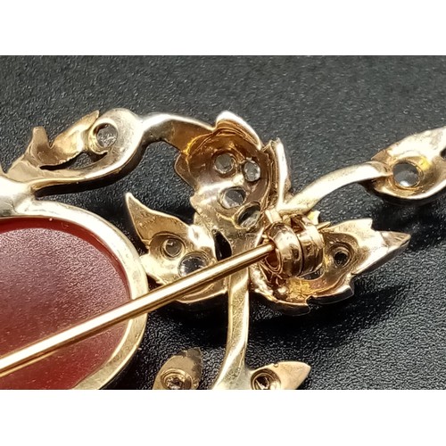 527 - An Antique Victorian 15K Yellow Gold Rose Cut Diamond Carnelian Brooch. Large central cut carnelian ... 