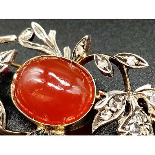 527 - An Antique Victorian 15K Yellow Gold Rose Cut Diamond Carnelian Brooch. Large central cut carnelian ... 