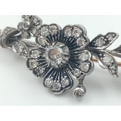 733 - A Victorian 15K Gold and Rose-Cut Diamond Floral Brooch. Beautifully designed - 1.5ct. 5.5cm. 7.33g ... 