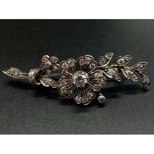 733 - A Victorian 15K Gold and Rose-Cut Diamond Floral Brooch. Beautifully designed - 1.5ct. 5.5cm. 7.33g ... 