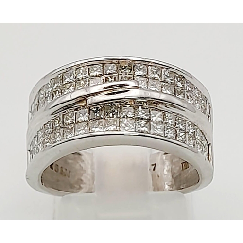 580 - A 14K White Gold Double Band Diamond Ring. 76 square-cut diamonds. 1.87ct. Size N. 6.89g.