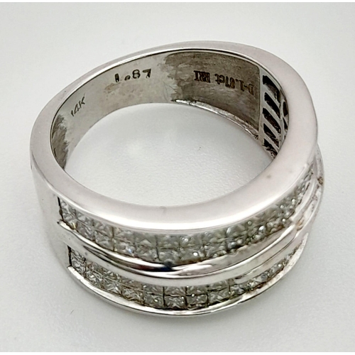 580 - A 14K White Gold Double Band Diamond Ring. 76 square-cut diamonds. 1.87ct. Size N. 6.89g.