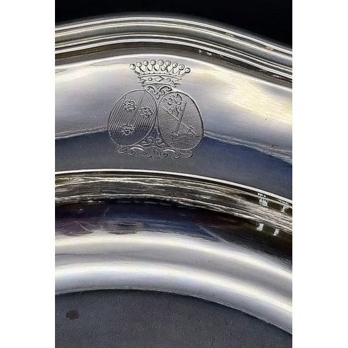 881 - An Antique French Solid Silver Odiot of Paris Platter Dish. 
950 silver content. 30cm diameter. 840g... 