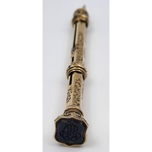 785 - An Extraordinary Antique Gold and Silver (tested) Telescopic Pencil and Seal. 13cm length. 18.78g to... 