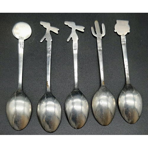 786 - Five Mexican Silver Novelty Spoons. 10cm. 35.7g total weight.