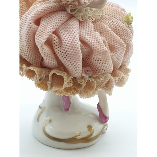 793 - Vintage Irish Dresden Lace 'Ninette' porcelain dancing ballerina figurine. 11cm high.