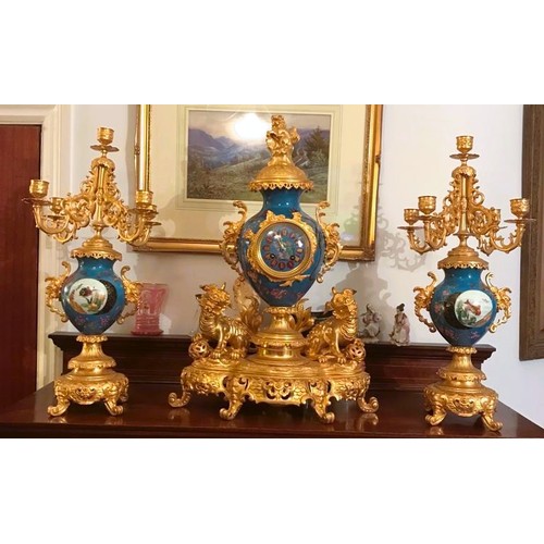 659 - A Magnificent French 19th Century gilt bronze and champleve enamel porcelain mantel garniture - In t... 