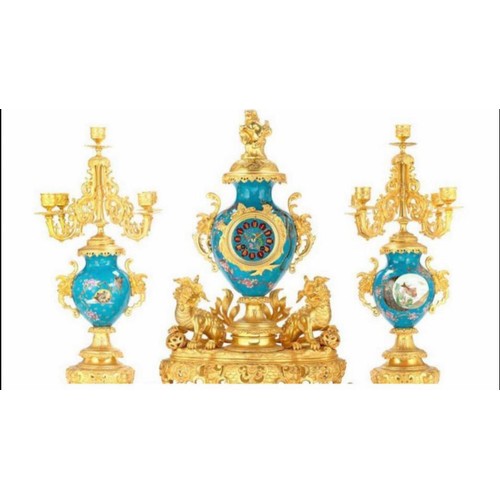 659 - A Magnificent French 19th Century gilt bronze and champleve enamel porcelain mantel garniture - In t... 