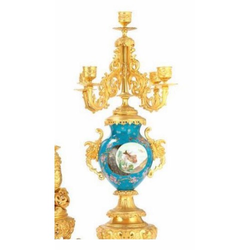 659 - A Magnificent French 19th Century gilt bronze and champleve enamel porcelain mantel garniture - In t... 